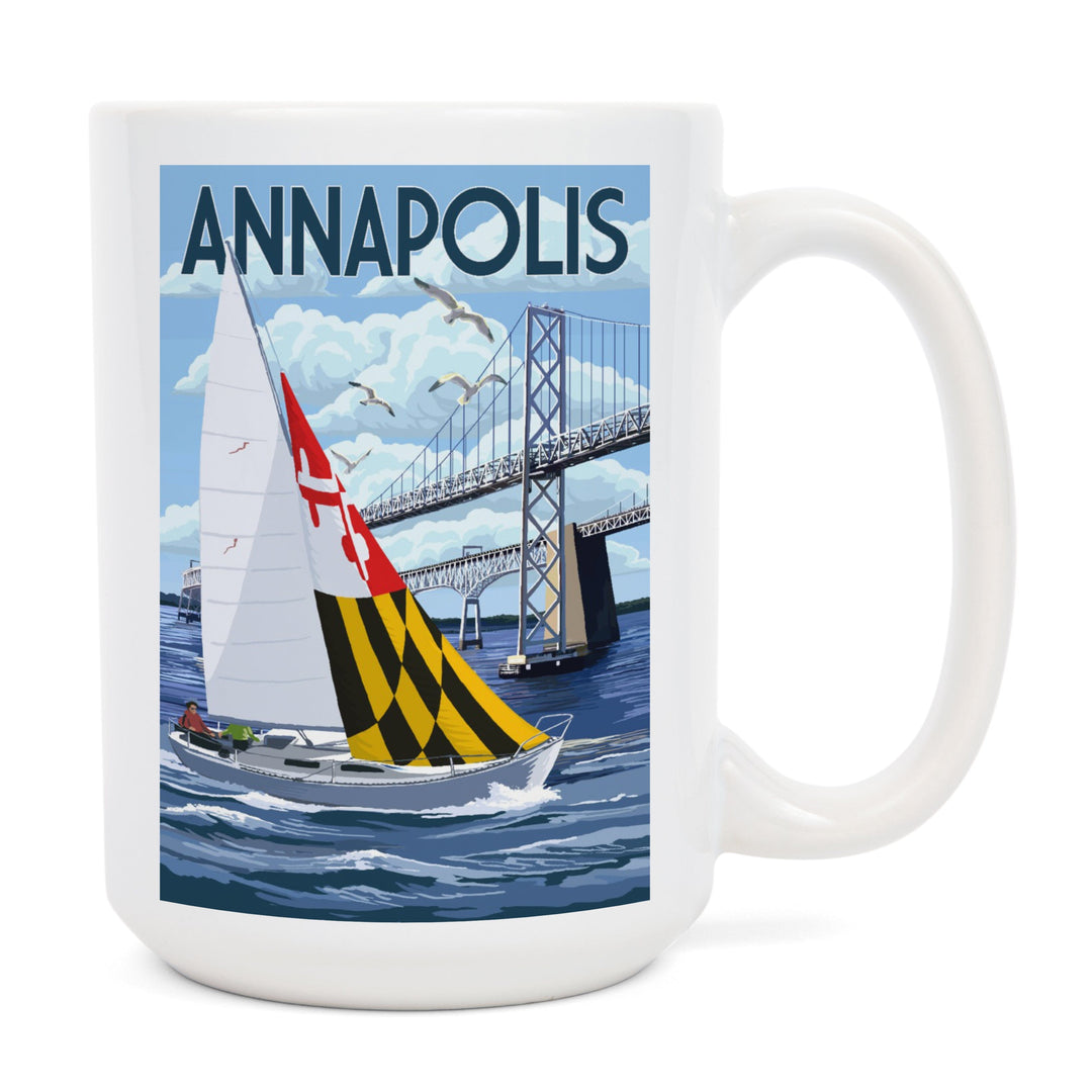 Annapolis, Maryland, Sloop Sailboat & Chesapeake Bay Bridge, Lantern Press Artwork, Ceramic Mug Mugs Lantern Press 