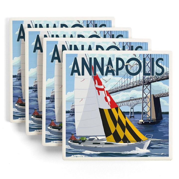 Annapolis, Maryland, Sloop Sailboat & Chesapeake Bay Bridge, Lantern Press Artwork, Coaster Set Coasters Lantern Press 