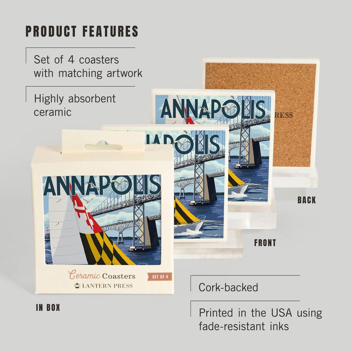 Annapolis, Maryland, Sloop Sailboat & Chesapeake Bay Bridge, Lantern Press Artwork, Coaster Set Coasters Lantern Press 