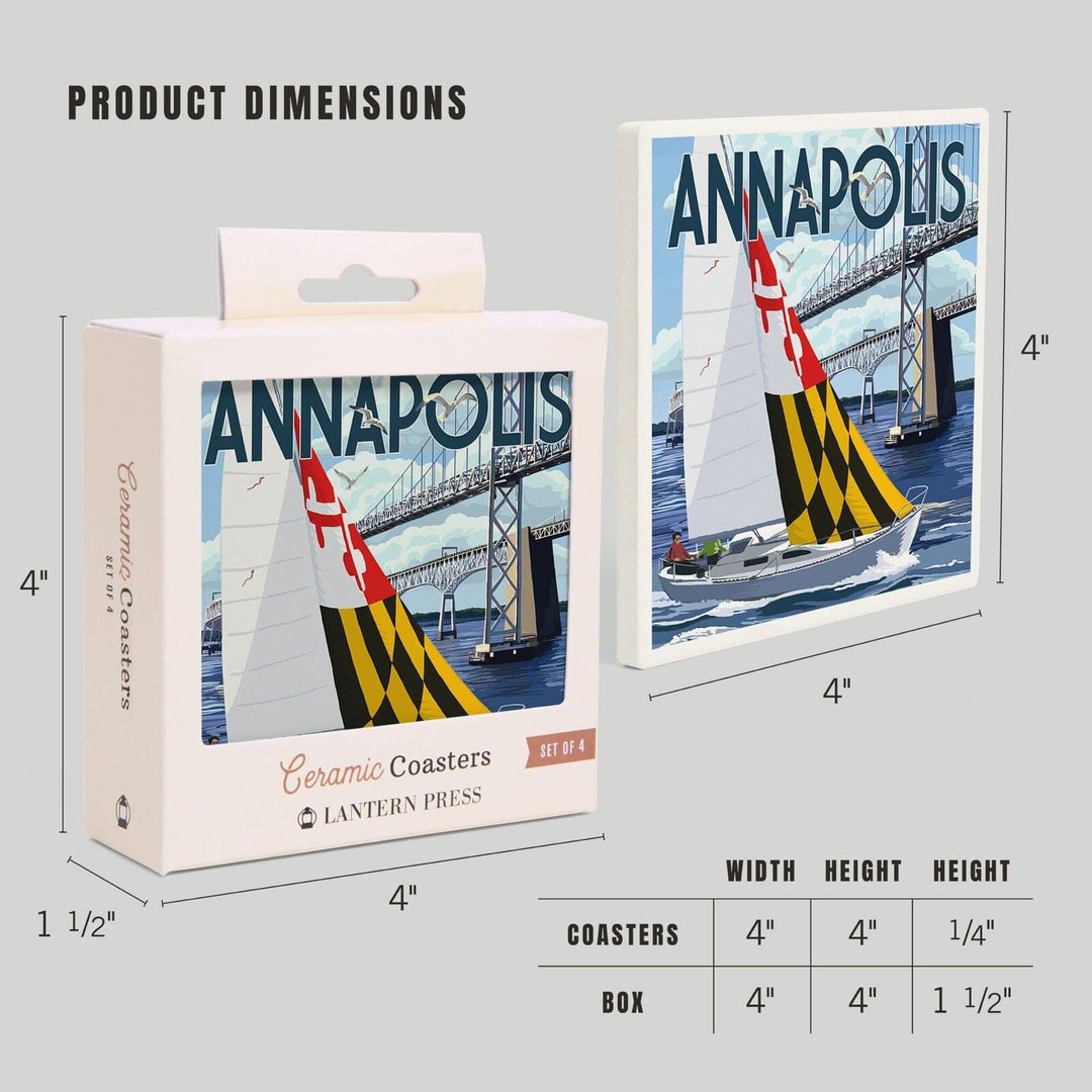 Annapolis, Maryland, Sloop Sailboat & Chesapeake Bay Bridge, Lantern Press Artwork, Coaster Set Coasters Lantern Press 