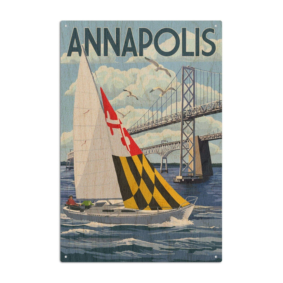 Annapolis, Maryland, Sloop Sailboat & Chesapeake Bay Bridge, Lantern Press Artwork, Wood Signs and Postcards Wood Lantern Press 10 x 15 Wood Sign 