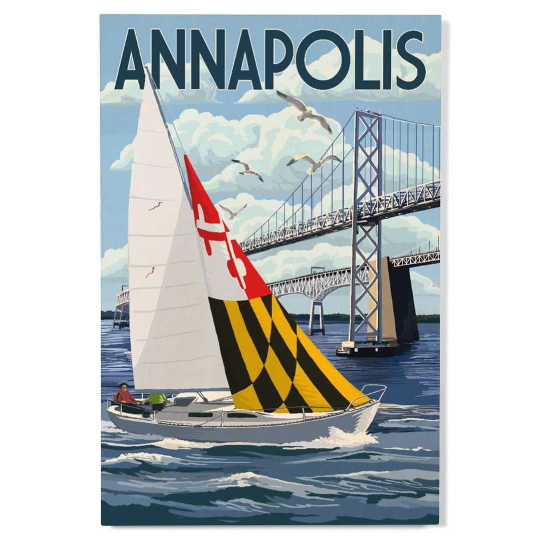 Annapolis, Maryland, Sloop Sailboat & Chesapeake Bay Bridge, Lantern Press Artwork, Wood Signs and Postcards Wood Lantern Press 