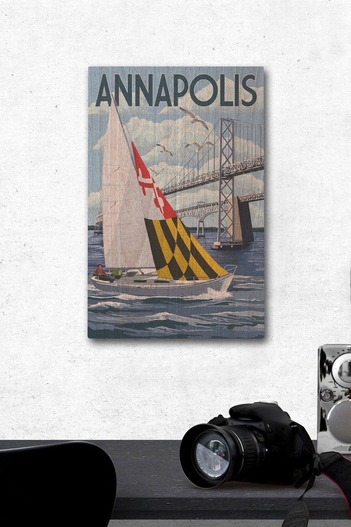 Annapolis, Maryland, Sloop Sailboat & Chesapeake Bay Bridge, Lantern Press Artwork, Wood Signs and Postcards Wood Lantern Press 12 x 18 Wood Gallery Print 