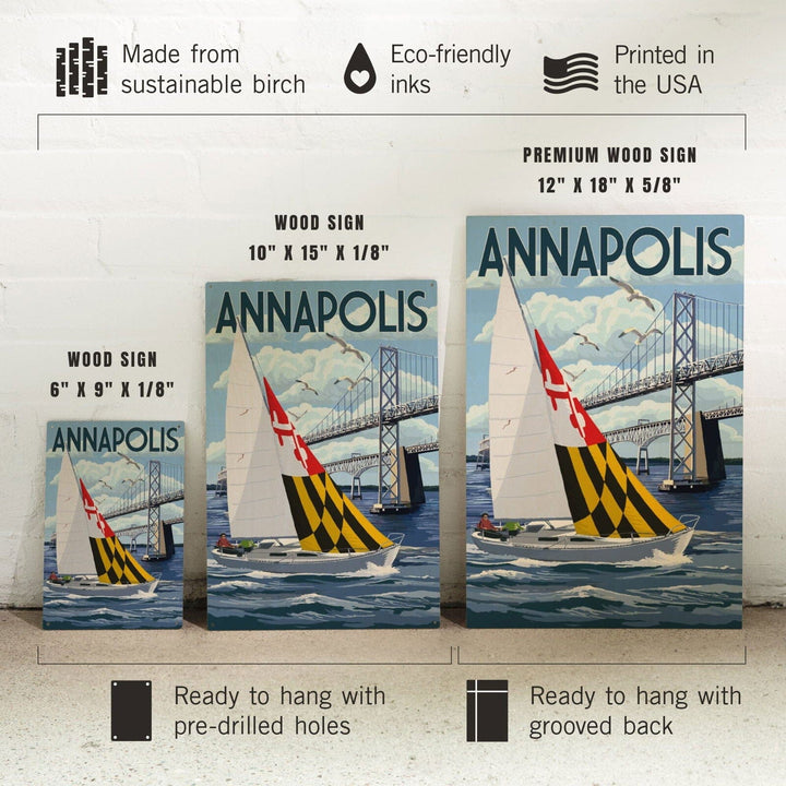 Annapolis, Maryland, Sloop Sailboat & Chesapeake Bay Bridge, Lantern Press Artwork, Wood Signs and Postcards Wood Lantern Press 