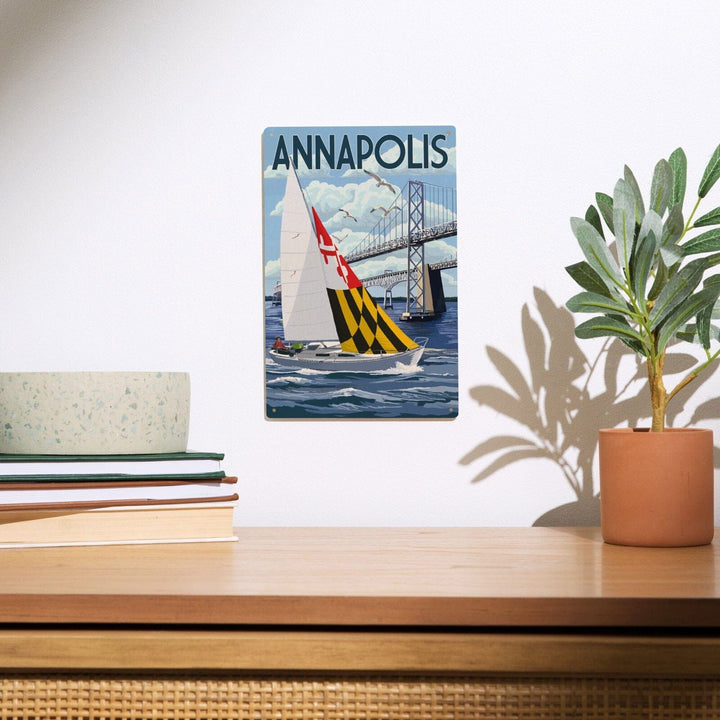 Annapolis, Maryland, Sloop Sailboat & Chesapeake Bay Bridge, Lantern Press Artwork, Wood Signs and Postcards Wood Lantern Press 