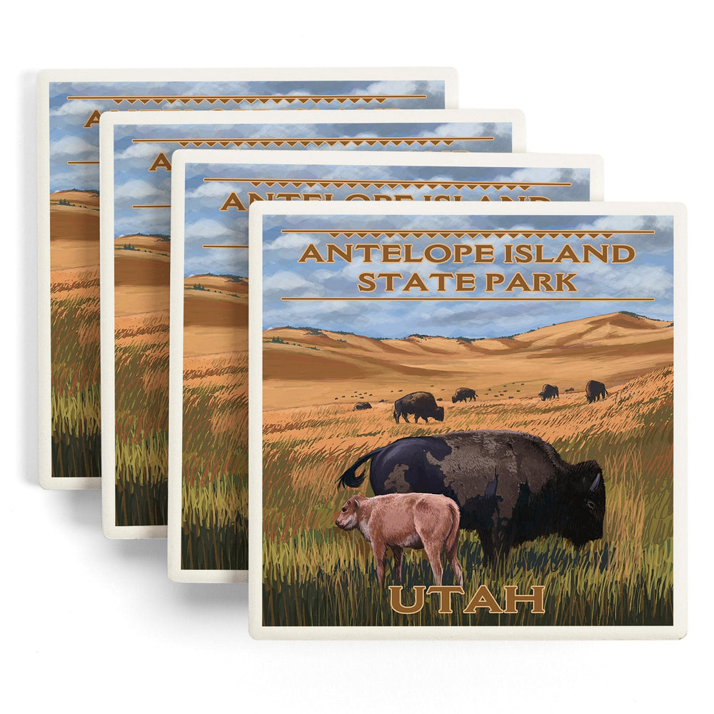Antelope Island State Park, Utah, Bison and Calf Grazing, Coasters Coasters Lantern Press 