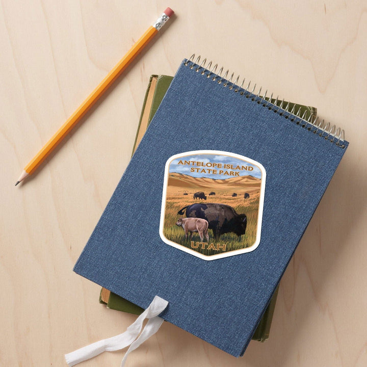 Antelope Island State Park, Utah, Bison and Calf Grazing, Contour, Vinyl Sticker Sticker Lantern Press 