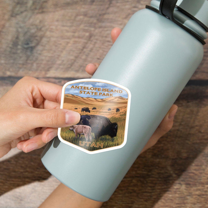 Antelope Island State Park, Utah, Bison and Calf Grazing, Contour, Vinyl Sticker Sticker Lantern Press 