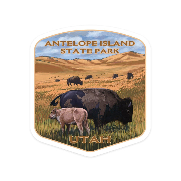 Antelope Island State Park, Utah, Bison and Calf Grazing, Contour, Vinyl Sticker Sticker Lantern Press 