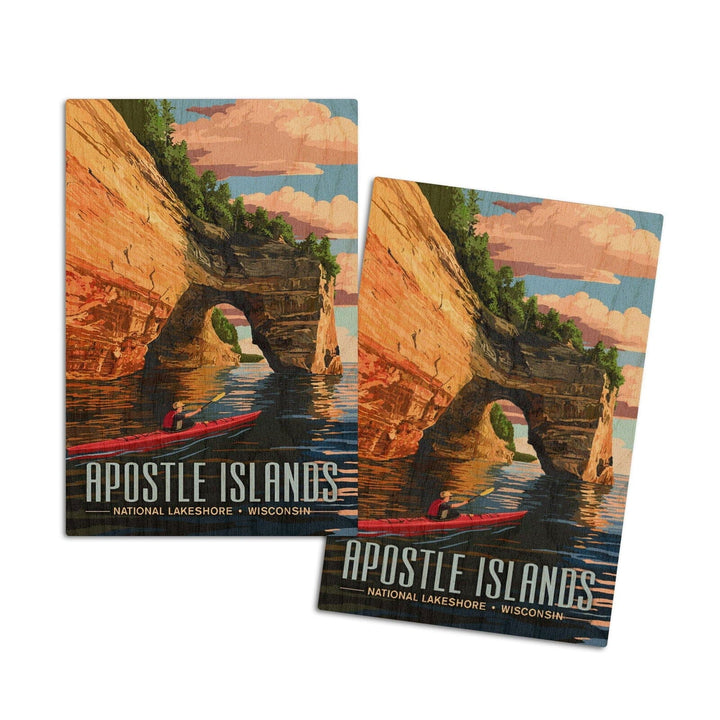 Apostle Islands National Lakeshore, Wisconsin, Kayaker, Lantern Press Artwork, Wood Signs and Postcards Wood Lantern Press 4x6 Wood Postcard Set 