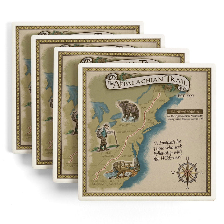 Appalachian Trail Map, Lantern Press Artwork, Coaster Set Coasters Lantern Press 