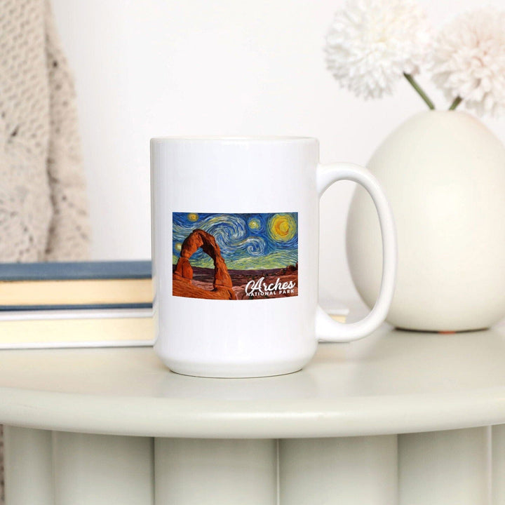 Arches National Park, Starry Night Series, Delicate Arch, Lantern Press Artwork, Ceramic Mug Mugs Lantern Press 