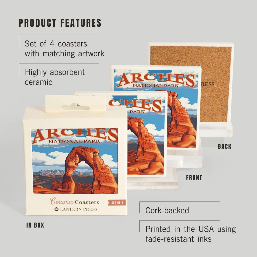 Arches National Park, Utah, Delicate Arch, Day Scene, Lantern Press Artwork, Coaster Set Coasters Lantern Press 