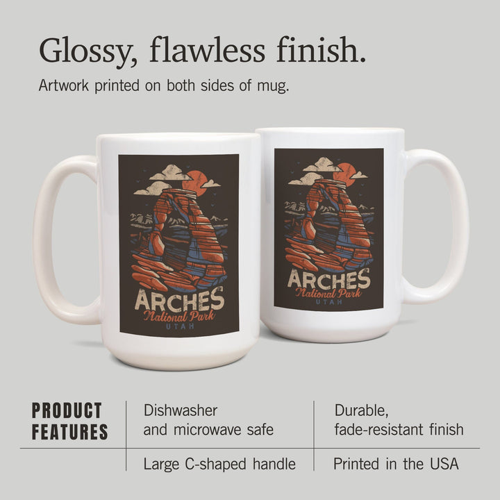 Arches National Park, Utah, Delicate Arch, Distressed Vector, Lantern Press Artwork, Ceramic Mug Mugs Lantern Press 