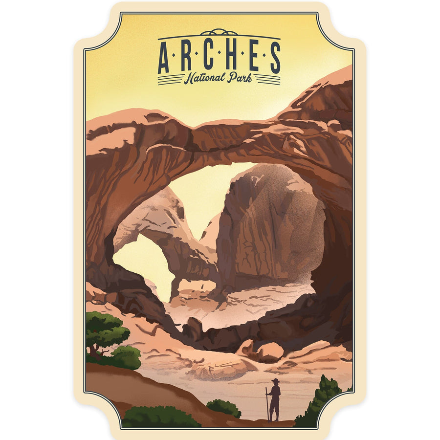 Arches National Park, Utah, Double Arch, Litho, Contour, Lantern Press Artwork, Vinyl Sticker Sticker Lantern Press 