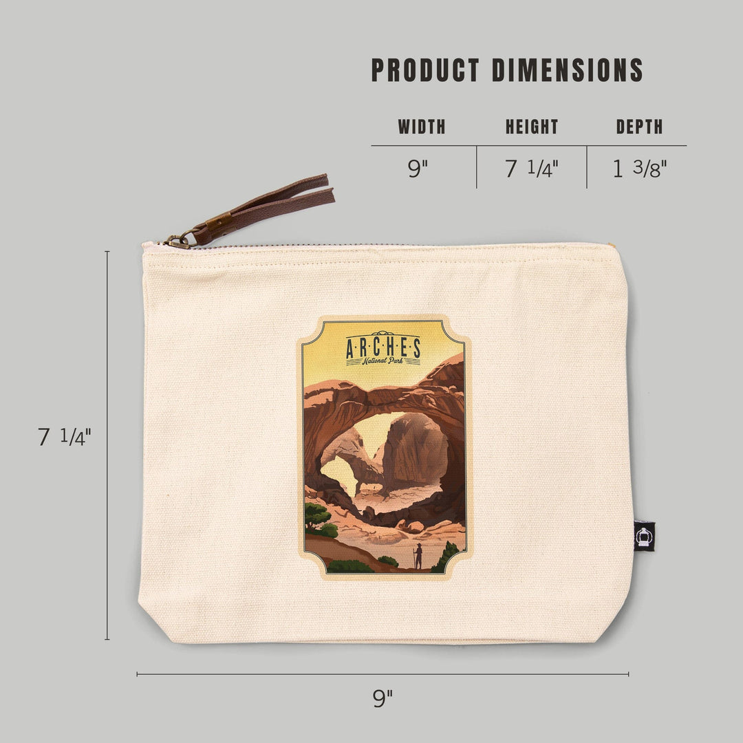 Arches National Park, Utah, Double Arch, Litho,, Organic Cotton Zipper Pouch, Go Bag Go Bag Lantern Press 