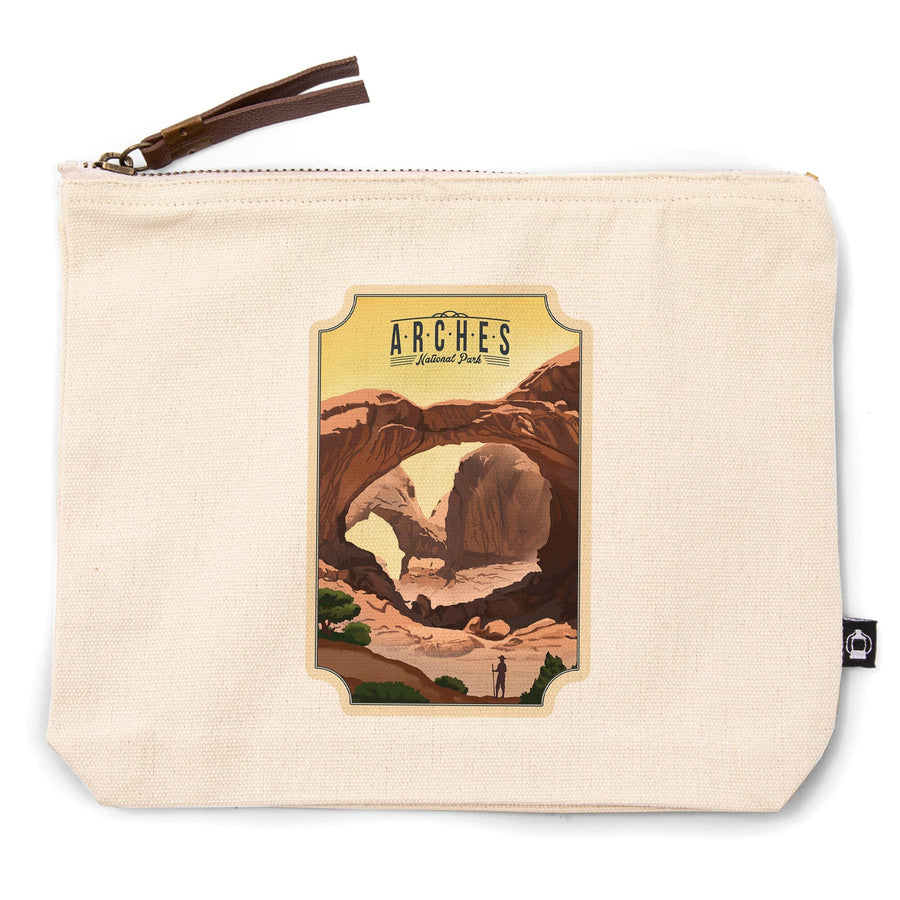 Arches National Park, Utah, Double Arch, Litho,, Organic Cotton Zipper Pouch, Go Bag Go Bag Lantern Press 