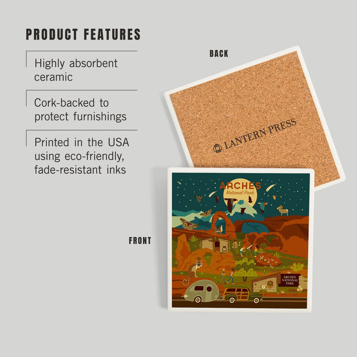 Arches National Park, Utah, Geometric National Park Series, Night Scene, Coasters Coasters Lantern Press 