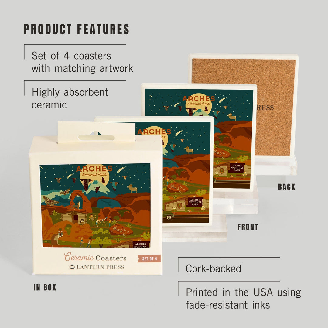 Arches National Park, Utah, Geometric National Park Series, Night Scene, Coasters Coasters Lantern Press 