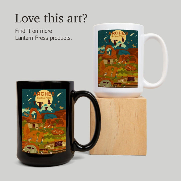 Arches National Park, Utah, Geometric National Park Series, Night Scene, Lantern Press Artwork, Ceramic Mug Mugs Lantern Press 