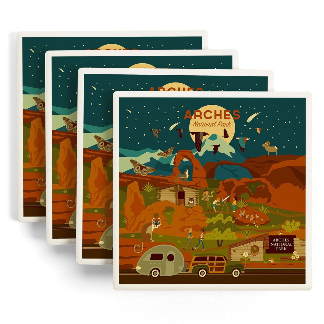 Arches National Park, Utah, Geometric National Park Series, Night Scene, Lantern Press Artwork, Coaster Set Coasters Lantern Press 