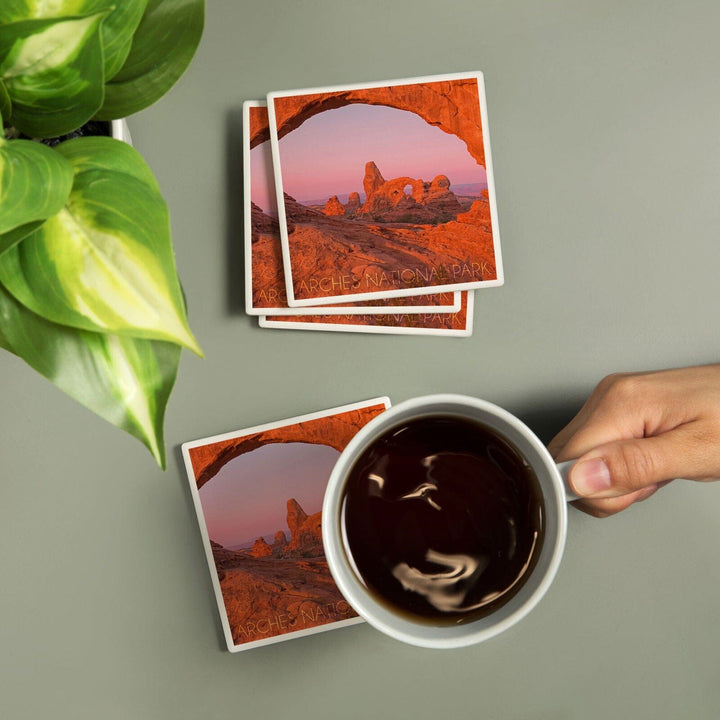 Arches National Park, Utah, Pink Sky, Lantern Press Photography, Coaster Set Coasters Lantern Press 