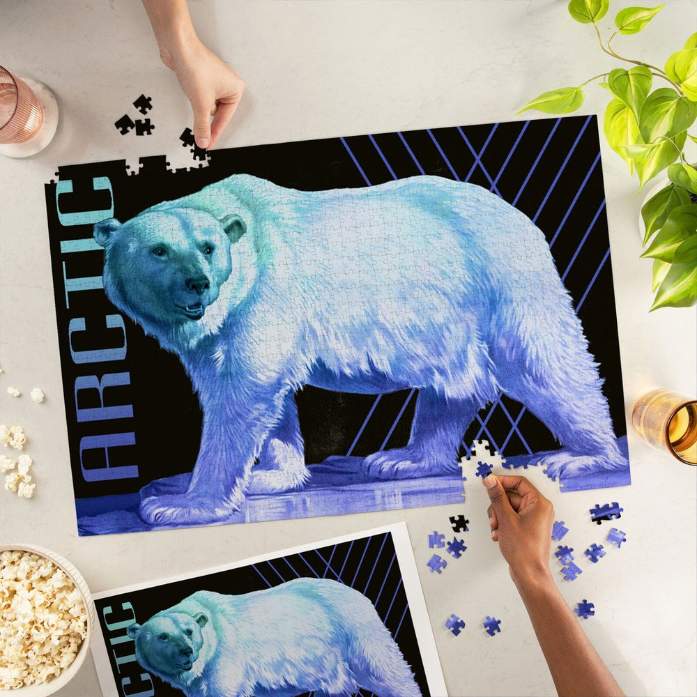 Arctic, Polar Bear, Modern, Neon, Jigsaw Puzzle Puzzle Lantern Press 
