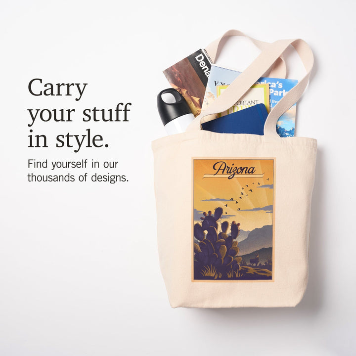 Arizona, Cactus and Desert Scene, Lithograph, Tote Bag Totes Lantern Press 