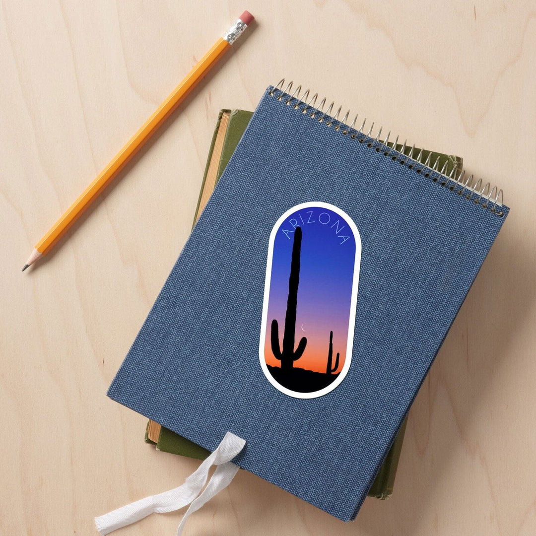 Arizona, Cactus and Moon Photograph, Contour, Vinyl Sticker Sticker Lantern Press 