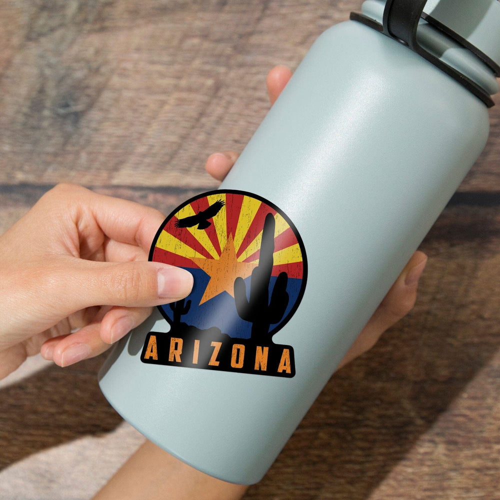 Arizona, Cactus & State Flag, Badge, Contour, Lantern Press Artwork, Vinyl Sticker Sticker Lantern Press 