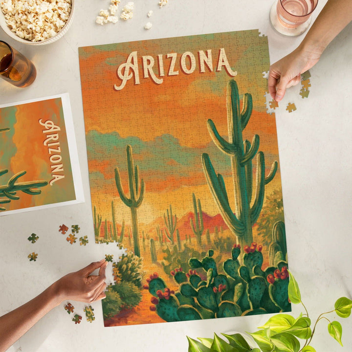Arizona, Desert Cactus, Oil Painting, Jigsaw Puzzle Puzzle Lantern Press 
