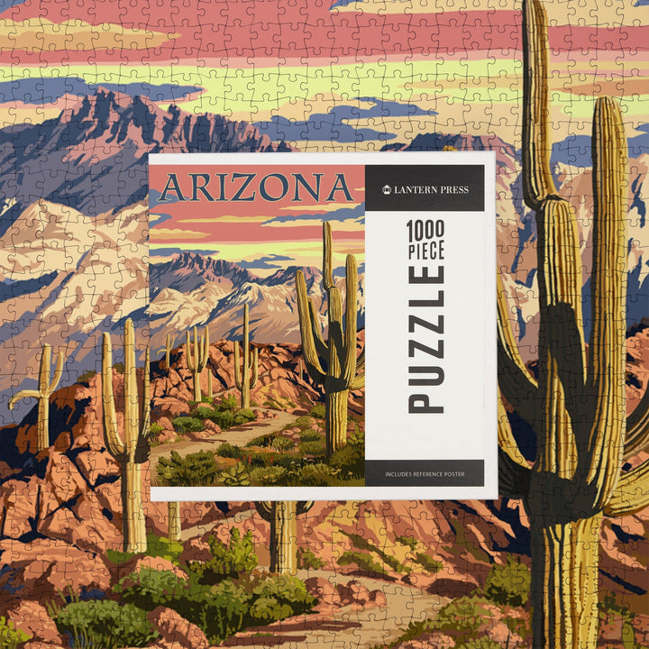 Arizona, Desert Cactus Trail Scene at Sunset, Jigsaw Puzzle Puzzle Lantern Press 