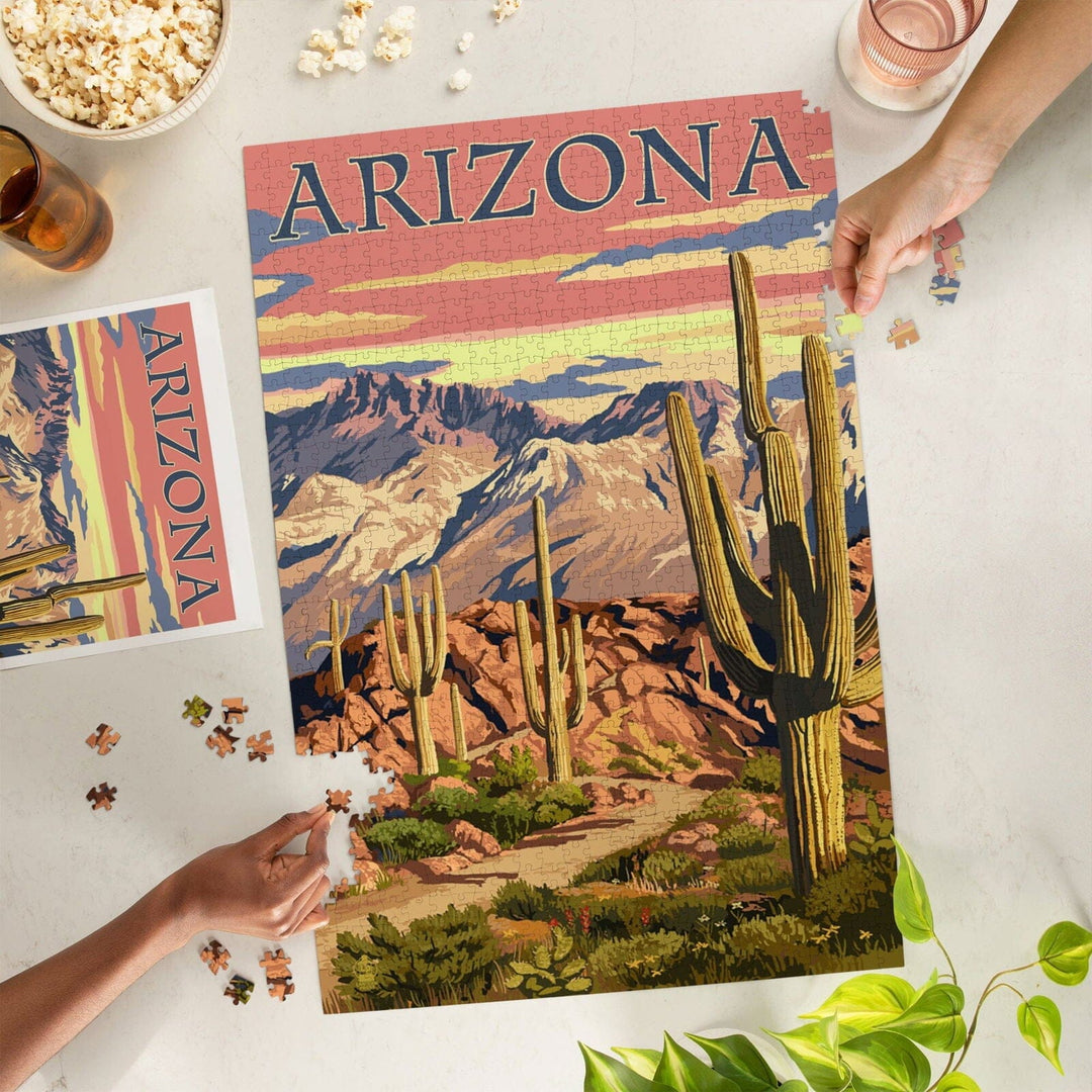 Arizona, Desert Cactus Trail Scene at Sunset, Jigsaw Puzzle Puzzle Lantern Press 