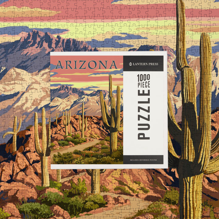 Arizona, Desert Cactus Trail Scene at Sunset, Jigsaw Puzzle Puzzle Lantern Press 