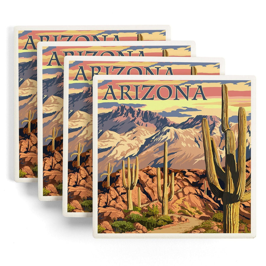 Arizona, Desert Cactus Trail Scene at Sunset, Lantern Press Artwork, Coaster Set Coasters Lantern Press 