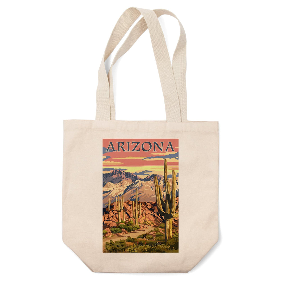 Arizona, Desert Cactus Trail Scene at Sunset, Lantern Press Artwork, Tote Bag Totes Lantern Press 