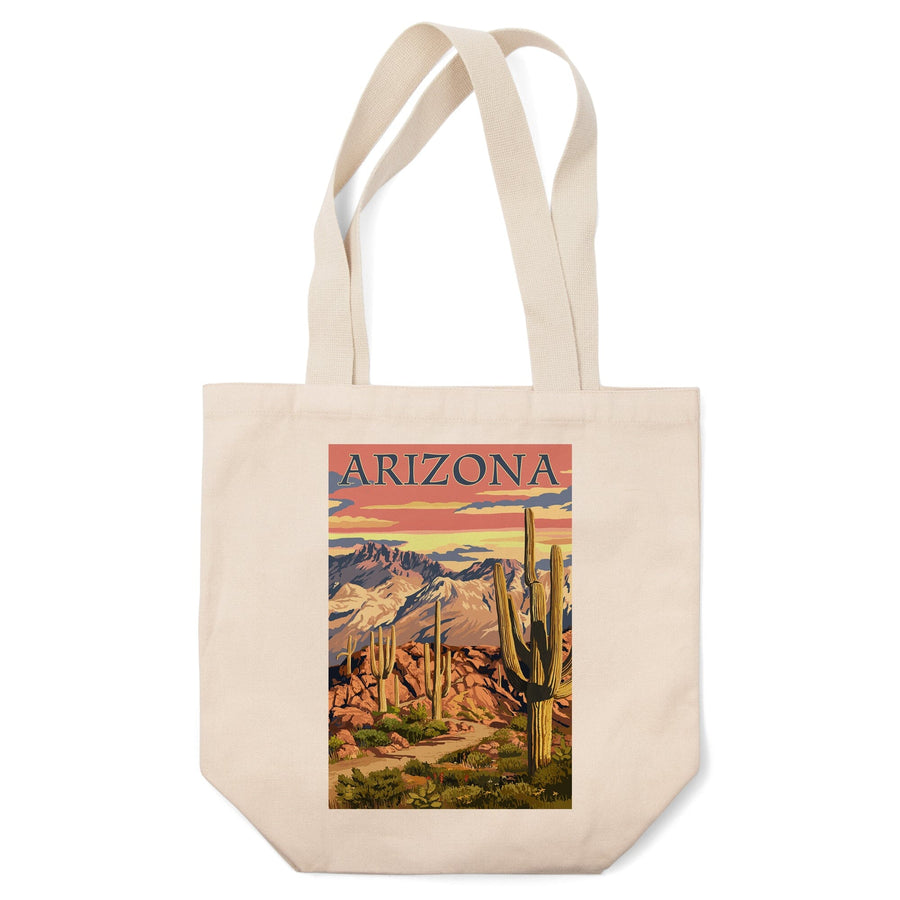 Arizona, Desert Cactus Trail Scene at Sunset, Lantern Press Artwork, Tote Bag Totes Lantern Press 