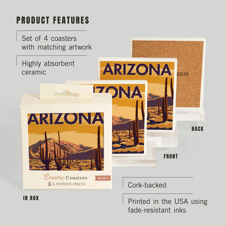Arizona, Desert Scene with Cactus, Coasters Coasters Lantern Press 