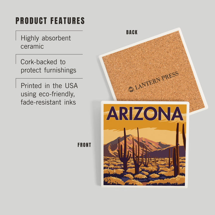 Arizona, Desert Scene with Cactus, Coasters Coasters Lantern Press 