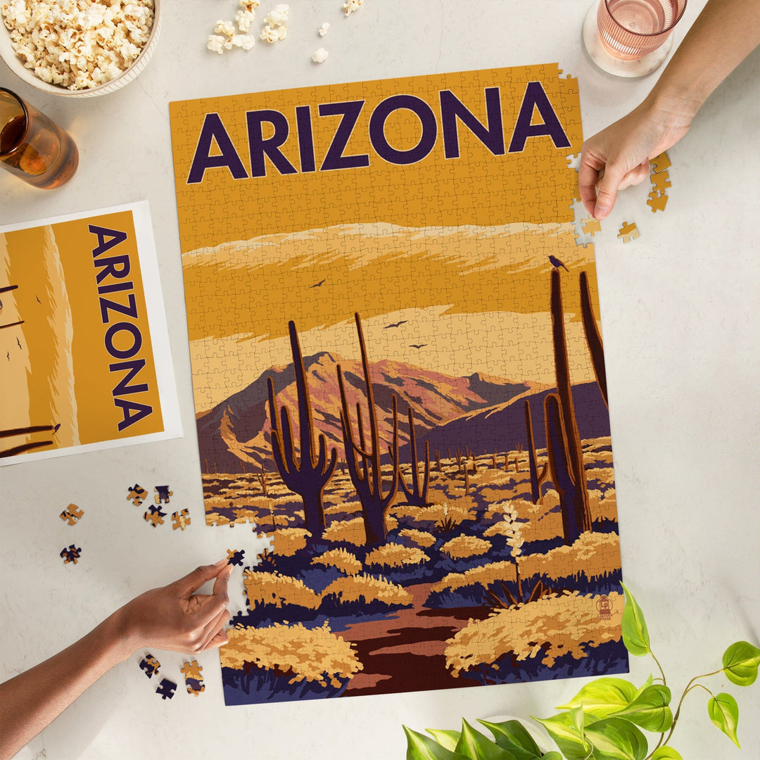 Arizona, Desert Scene with Cactus, Jigsaw Puzzle Puzzle Lantern Press 
