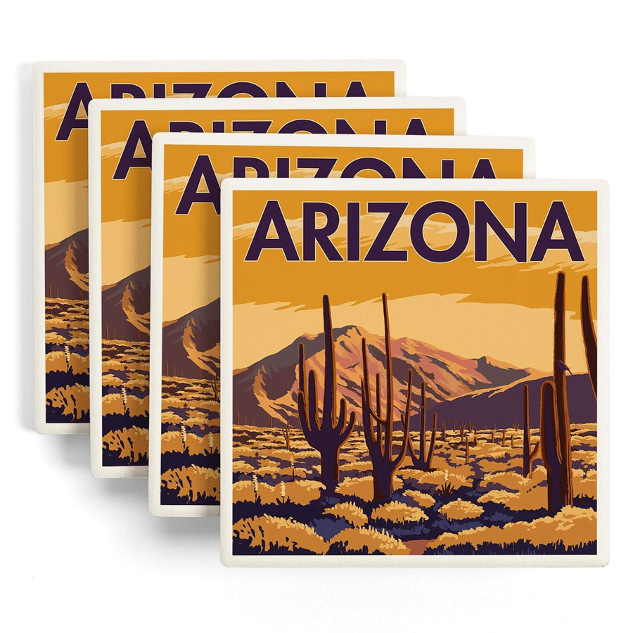 Arizona, Desert Scene with Cactus, Lantern Press Artwork, Coaster Set Coasters Lantern Press 