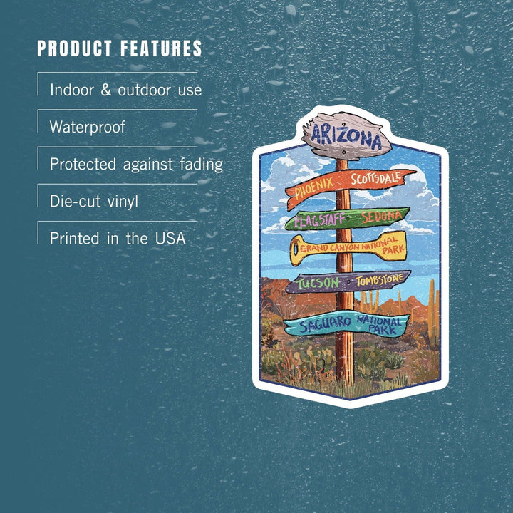 Arizona, Destination Signpost, Hexagon, Contour, Lantern Press Artwork, Vinyl Sticker Sticker Lantern Press 