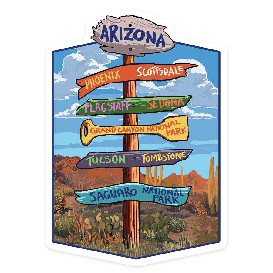 Arizona, Destination Signpost, Hexagon, Contour, Lantern Press Artwork, Vinyl Sticker Sticker Lantern Press 