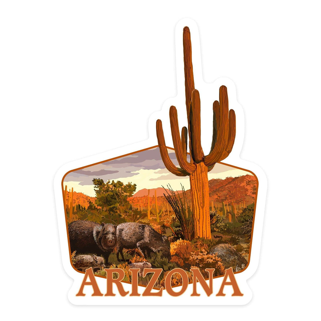 Arizona, Javelina and Cactus, Contour, Vinyl Sticker Sticker Lantern Press 