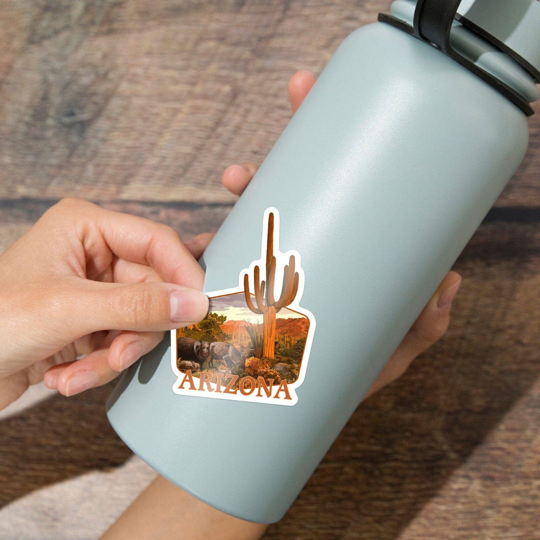 Arizona, Javelina and Cactus, Contour, Vinyl Sticker Sticker Lantern Press 