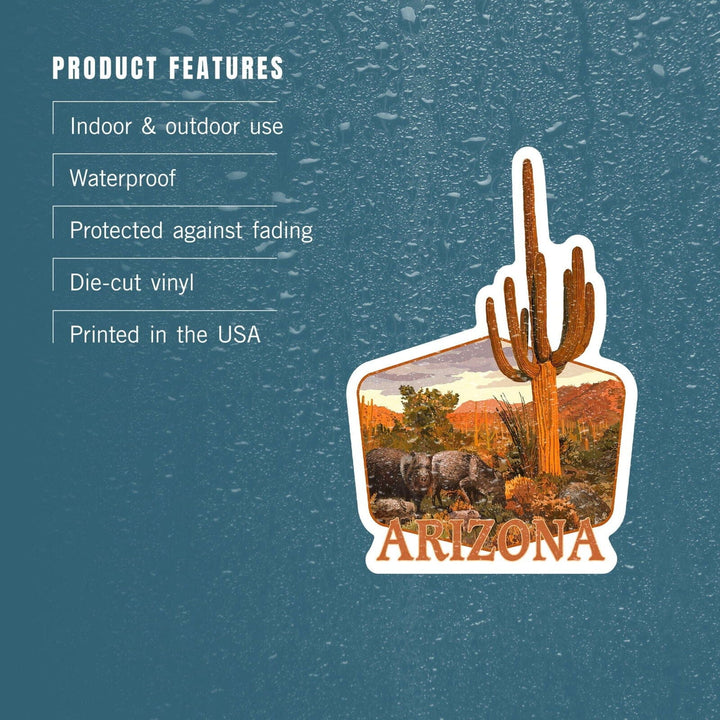 Arizona, Javelina and Cactus, Contour, Vinyl Sticker Sticker Lantern Press 