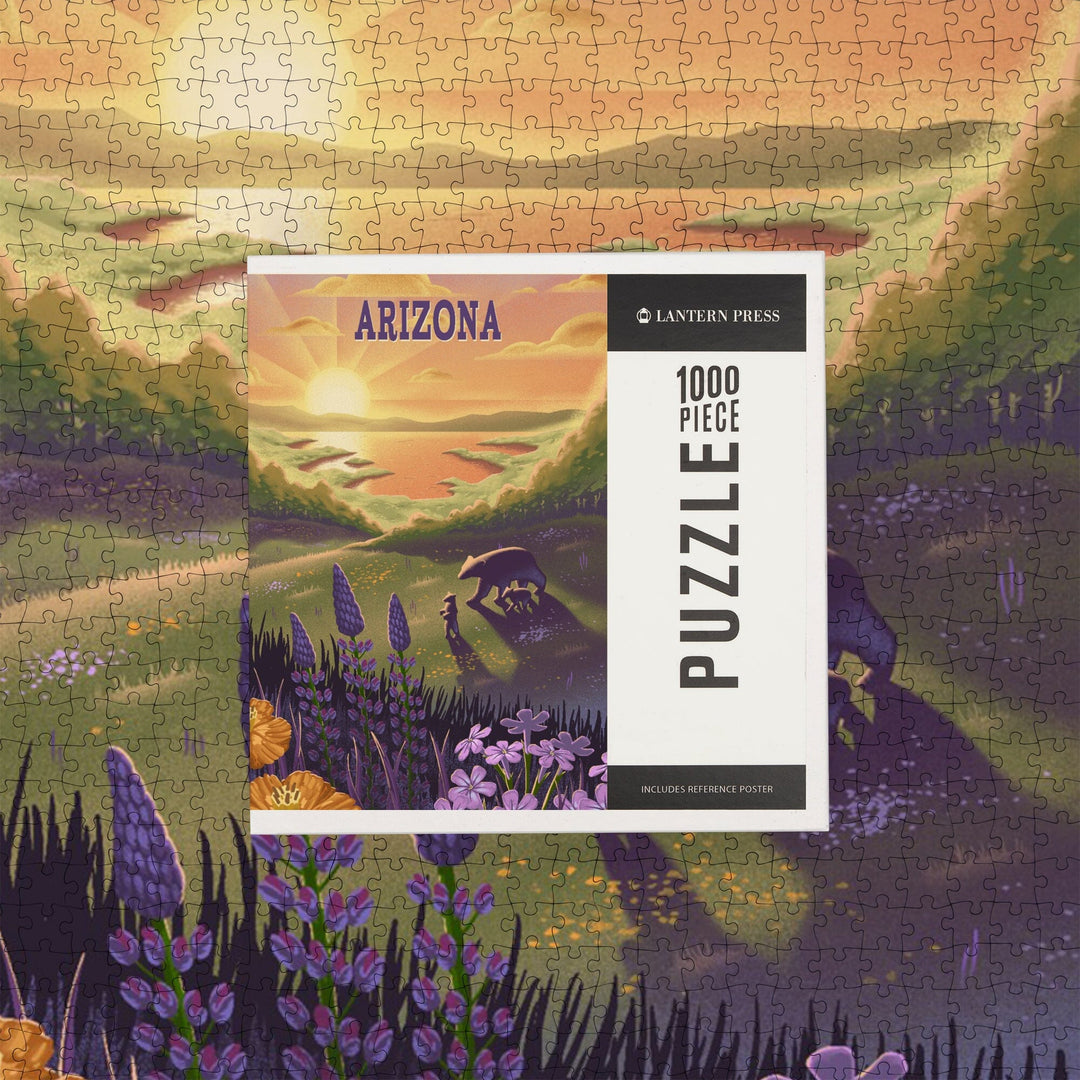 Arizona, Lithograph, Bear and Spring Flowers, Lake, Jigsaw Puzzle Puzzle Lantern Press 
