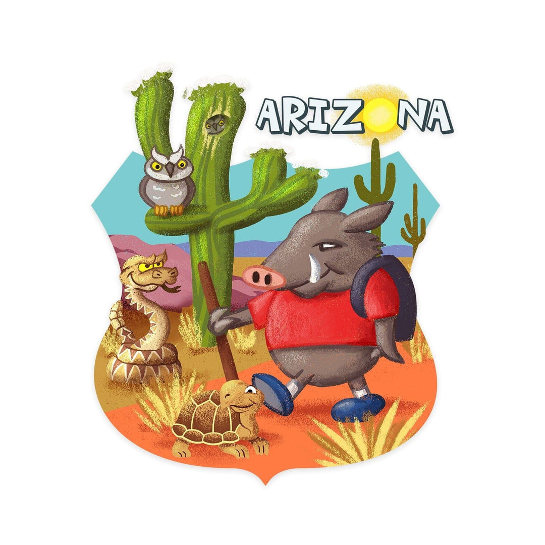 Arizona, Mid-Century Inspired, Desert Scene, Contour, Lantern Press Artwork, Vinyl Sticker Sticker Lantern Press 