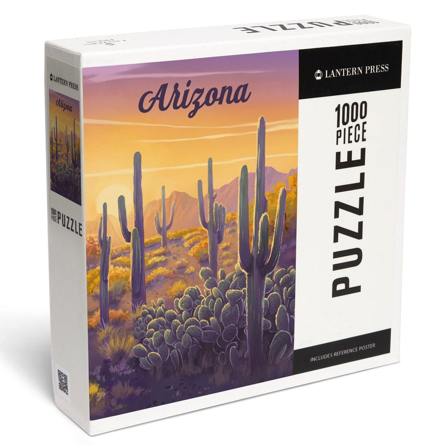 Arizona, Oil Painting, Cactus and Golden Sunset, Jigsaw Puzzle Puzzle Lantern Press 