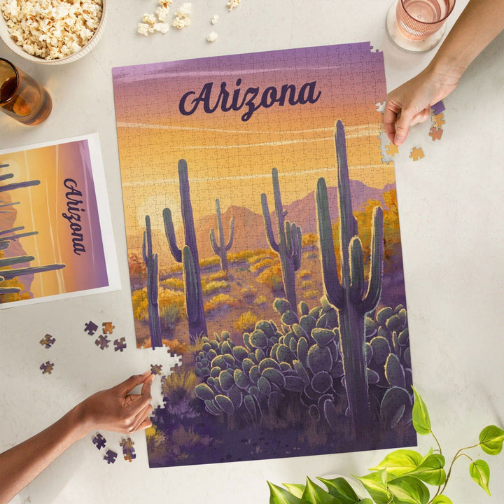 Arizona, Oil Painting, Cactus and Golden Sunset, Jigsaw Puzzle Puzzle Lantern Press 